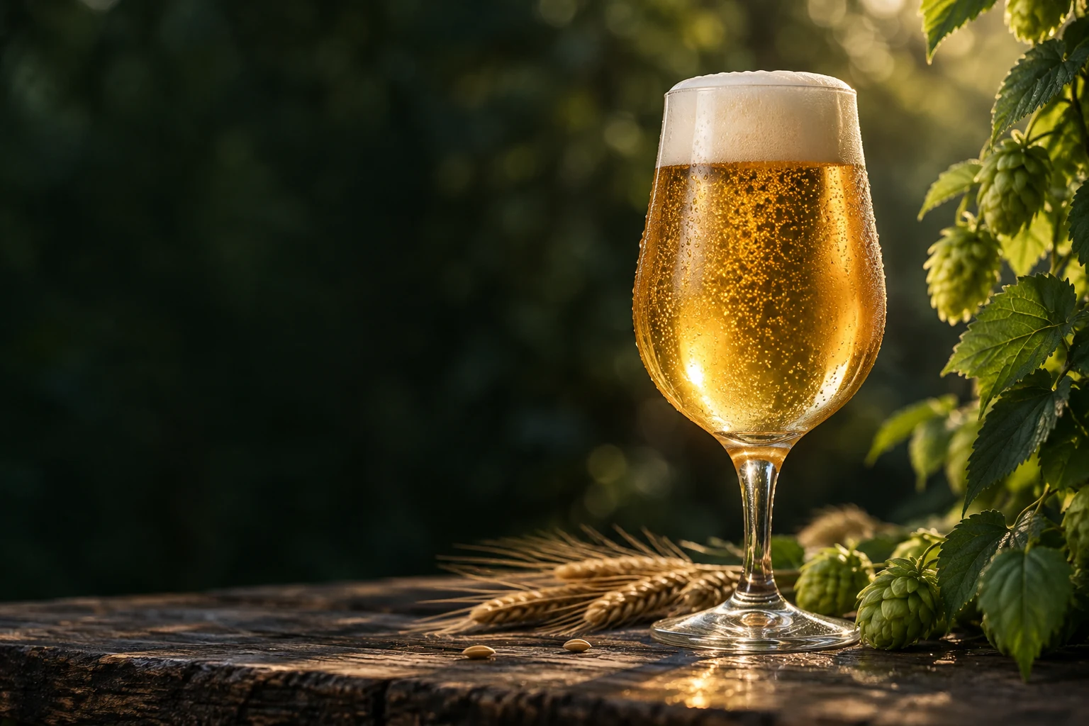 Illustrative Servieridee: ein goldenes Bierglas im Sonnenlicht auf dunklem Holz, umrahmt von Hopfen