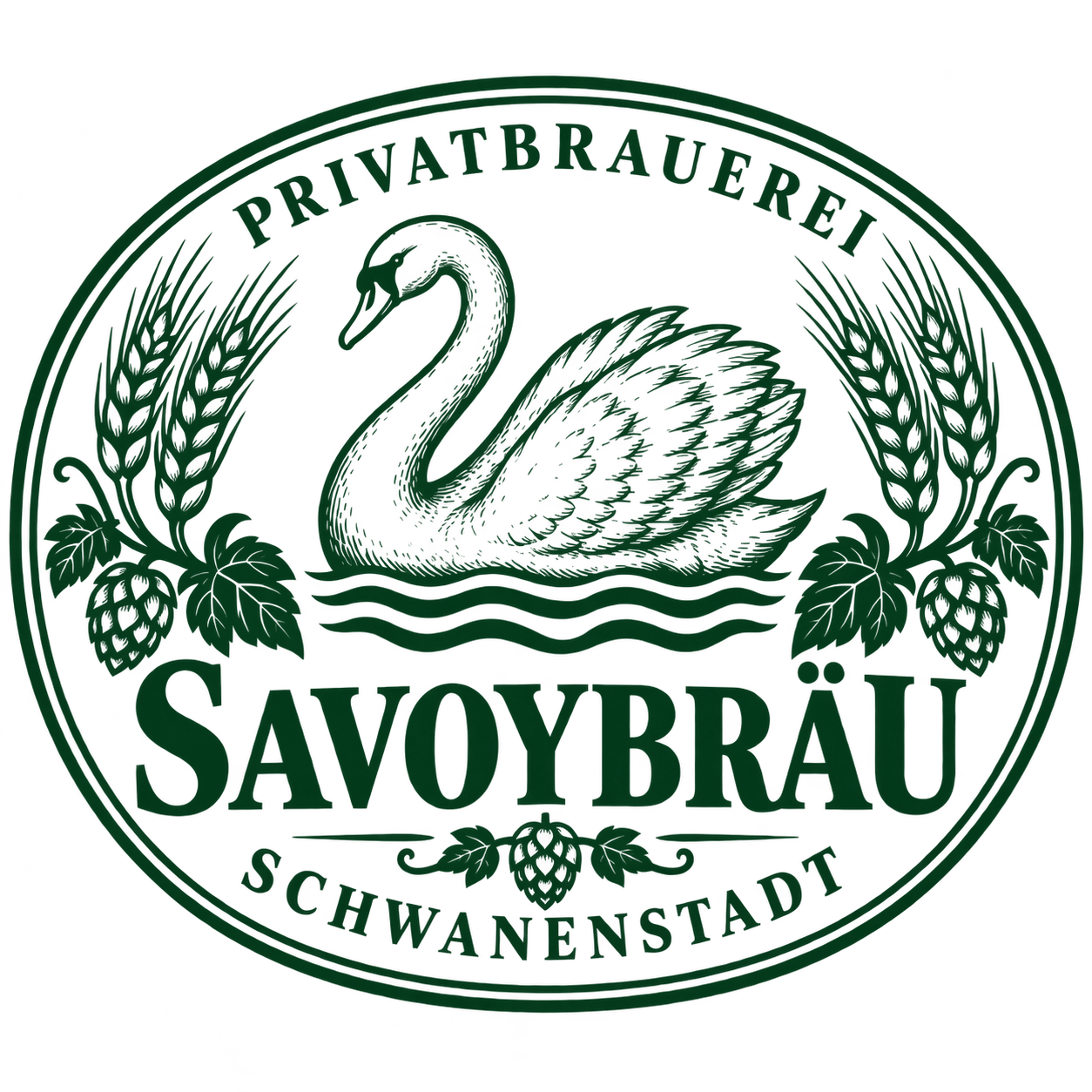SavoyBräu: traditionelles Brauereiemblem mit Schwan, Gerste und Hopfen